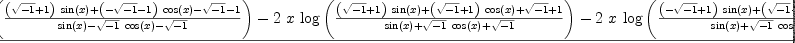 
\label{eq23}\frac{-{2 \  x \ {\log \left({\frac{{{\left({\sqrt{- 1}}+ 1 \right)}\ {\sin \left({x}\right)}}+{{\left(-{\sqrt{- 1}}- 1 \right)}\ {\cos \left({x}\right)}}-{\sqrt{- 1}}- 1}{{\sin \left({x}\right)}-{{\sqrt{- 1}}\ {\cos \left({x}\right)}}-{\sqrt{- 1}}}}\right)}}-{2 \  x \ {\log \left({\frac{{{\left({\sqrt{- 1}}+ 1 \right)}\ {\sin \left({x}\right)}}+{{\left({\sqrt{- 1}}+ 1 \right)}\ {\cos \left({x}\right)}}+{\sqrt{- 1}}+ 1}{{\sin \left({x}\right)}+{{\sqrt{- 1}}\ {\cos \left({x}\right)}}+{\sqrt{- 1}}}}\right)}}-{2 \  x \ {\log \left({\frac{{{\left(-{\sqrt{- 1}}+ 1 \right)}\ {\sin \left({x}\right)}}+{{\left({\sqrt{- 1}}- 1 \right)}\ {\cos \left({x}\right)}}+{\sqrt{- 1}}- 1}{{\sin \left({x}\right)}+{{\sqrt{- 1}}\ {\cos \left({x}\right)}}+{\sqrt{- 1}}}}\right)}}-{2 \  x \ {\log \left({\frac{{{\left(-{\sqrt{- 1}}+ 1 \right)}\ {\sin \left({x}\right)}}+{{\left(-{\sqrt{- 1}}+ 1 \right)}\ {\cos \left({x}\right)}}-{\sqrt{- 1}}+ 1}{{\sin \left({x}\right)}-{{\sqrt{- 1}}\ {\cos \left({x}\right)}}-{\sqrt{- 1}}}}\right)}}-{2 \ {\sqrt{- 1}}\ {dilog \left({\frac{{{\left({\sqrt{- 1}}+ 1 \right)}\ {\sin \left({x}\right)}}+{{\left(-{\sqrt{- 1}}- 1 \right)}\ {\cos \left({x}\right)}}-{\sqrt{- 1}}- 1}{{\sin \left({x}\right)}-{{\sqrt{- 1}}\ {\cos \left({x}\right)}}-{\sqrt{- 1}}}}\right)}}+{2 \ {\sqrt{- 1}}\ {dilog \left({\frac{{{\left({\sqrt{- 1}}+ 1 \right)}\ {\sin \left({x}\right)}}+{{\left({\sqrt{- 1}}+ 1 \right)}\ {\cos \left({x}\right)}}+{\sqrt{- 1}}+ 1}{{\sin \left({x}\right)}+{{\sqrt{- 1}}\ {\cos \left({x}\right)}}+{\sqrt{- 1}}}}\right)}}+{2 \ {\sqrt{- 1}}\ {dilog \left({\frac{{{\left(-{\sqrt{- 1}}+ 1 \right)}\ {\sin \left({x}\right)}}+{{\left({\sqrt{- 1}}- 1 \right)}\ {\cos \left({x}\right)}}+{\sqrt{- 1}}- 1}{{\sin \left({x}\right)}+{{\sqrt{- 1}}\ {\cos \left({x}\right)}}+{\sqrt{- 1}}}}\right)}}-{2 \ {\sqrt{- 1}}\ {dilog \left({\frac{{{\left(-{\sqrt{- 1}}+ 1 \right)}\ {\sin \left({x}\right)}}+{{\left(-{\sqrt{- 1}}+ 1 \right)}\ {\cos \left({x}\right)}}-{\sqrt{- 1}}+ 1}{{\sin \left({x}\right)}-{{\sqrt{- 1}}\ {\cos \left({x}\right)}}-{\sqrt{- 1}}}}\right)}}-{{\cos \left({x}\right)}\ {\sin \left({x}\right)}}+{2 \  x \ {{\cos \left({x}\right)}^{2}}}- x}{4}