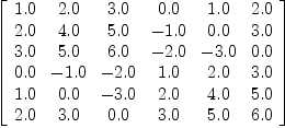 
\label{eq38}\left[ 
\begin{array}{cccccc}
{1.0}&{2.0}&{3.0}&{0.0}&{1.0}&{2.0}
\
{2.0}&{4.0}&{5.0}& -{1.0}&{0.0}&{3.0}
\
{3.0}&{5.0}&{6.0}& -{2.0}& -{3.0}&{0.0}
\
{0.0}& -{1.0}& -{2.0}&{1.0}&{2.0}&{3.0}
\
{1.0}&{0.0}& -{3.0}&{2.0}&{4.0}&{5.0}
\
{2.0}&{3.0}&{0.0}&{3.0}&{5.0}&{6.0}
