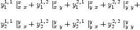 
\label{eq110}\begin{array}{@{}l}
\displaystyle
{{y_{1}^{1, \: 1}}\ {|_{x \  x}^{x}}}+{{y_{1}^{1, \: 2}}\ {|_{x \  y}^{x}}}+{{y_{1}^{2, \: 1}}\ {|_{y \  x}^{x}}}+{{y_{1}^{2, \: 2}}\ {|_{y \  y}^{x}}}+ 
\
\
\displaystyle
{{y_{2}^{1, \: 1}}\ {|_{x \  x}^{y}}}+{{y_{2}^{1, \: 2}}\ {|_{x \  y}^{y}}}+{{y_{2}^{2, \: 1}}\ {|_{y \  x}^{y}}}+{{y_{2}^{2, \: 2}}\ {|_{y \  y}^{y}}}
